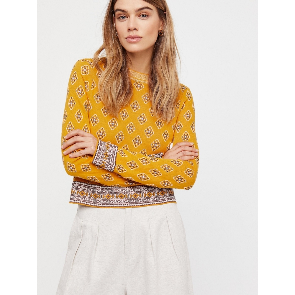Free People Boho New Age Crew Nack Yellow Sweater
